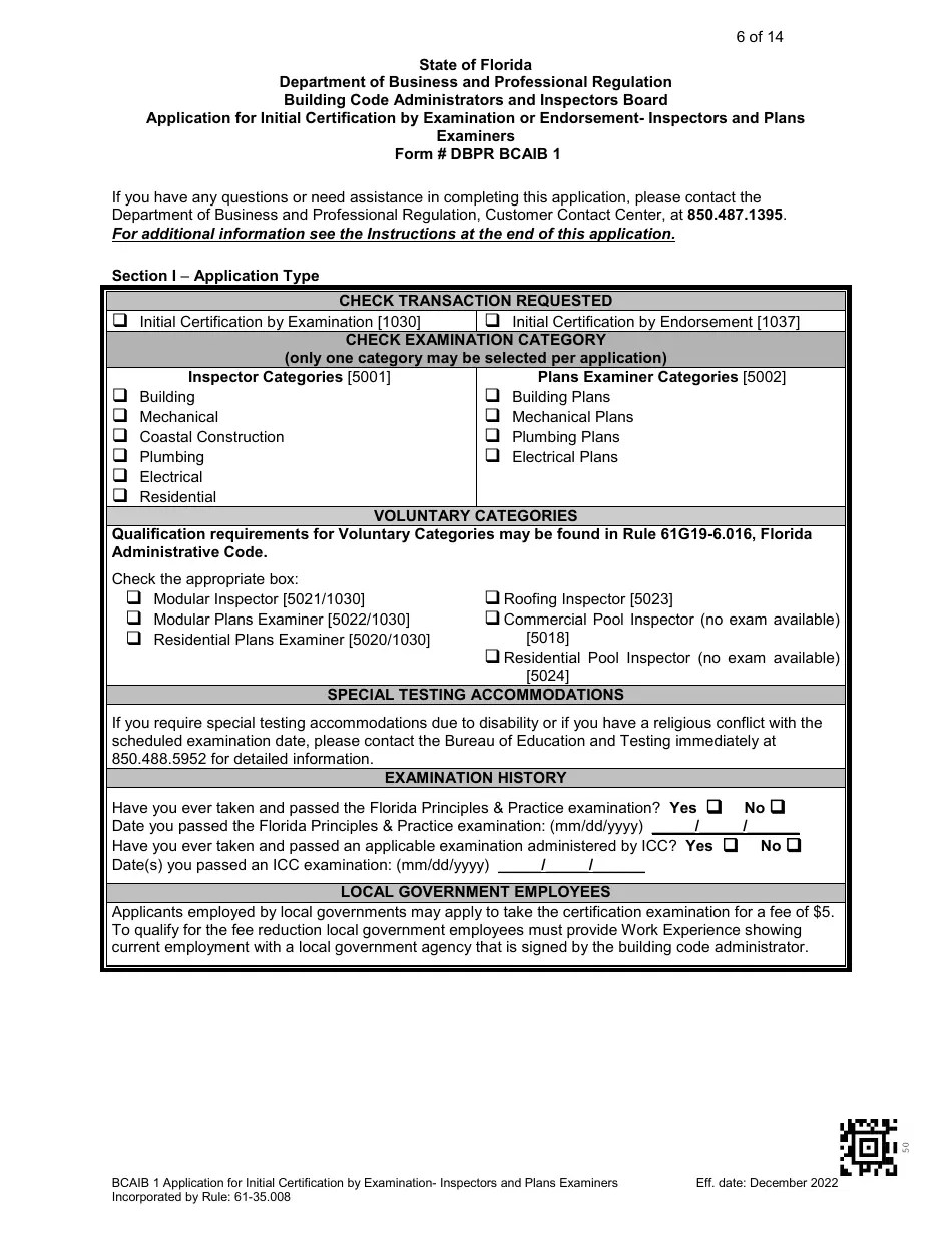 Form DBPR BCAIB1 Download Printable PDF or Fill Online Application for Initial Certification by