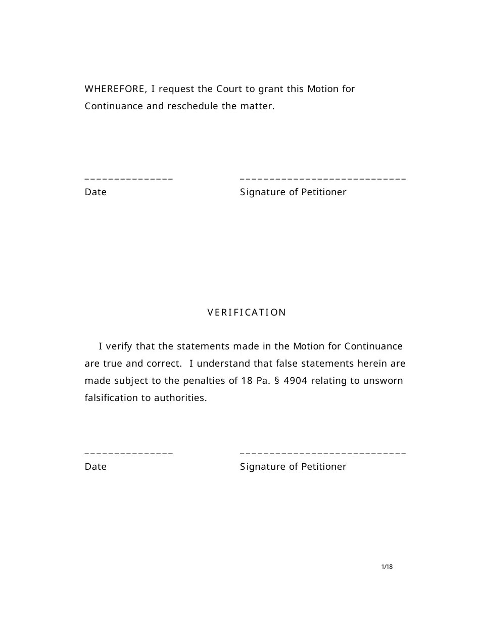 Luzerne County, Pennsylvania Motion for Continuance Fill Out, Sign