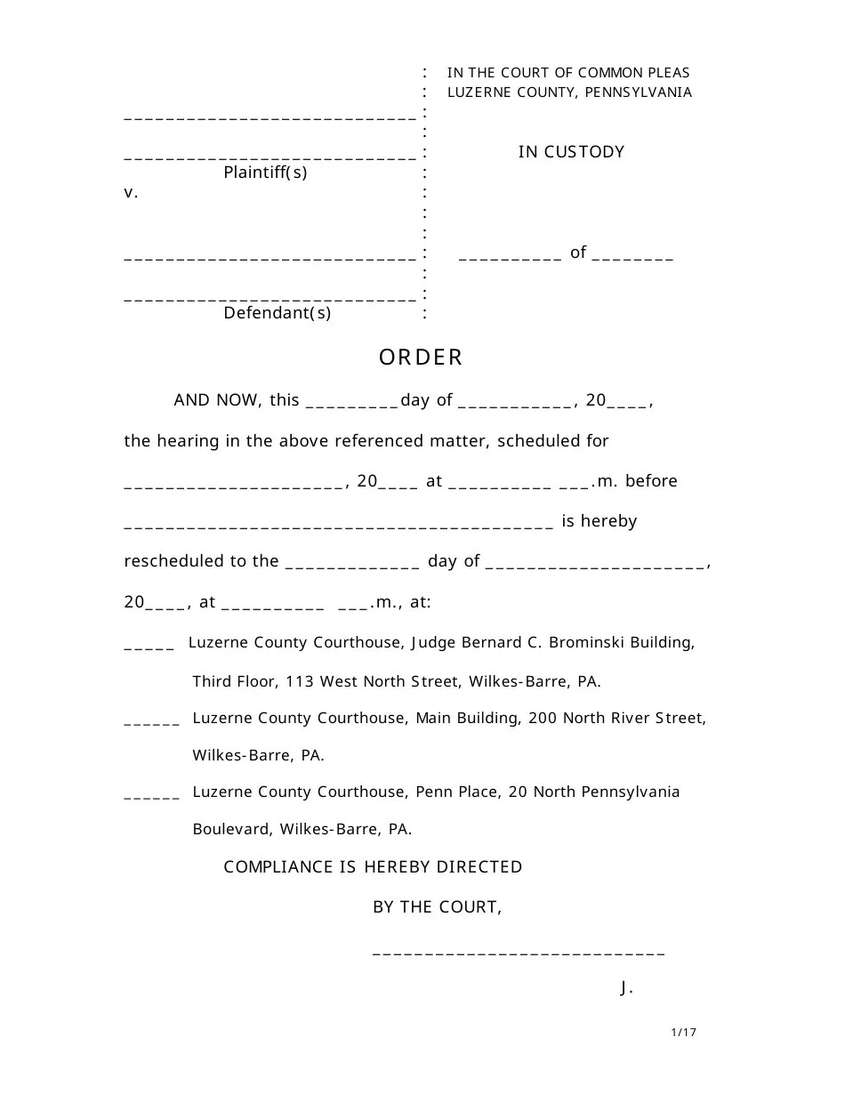 Luzerne County, Pennsylvania Motion for Continuance Fill Out, Sign