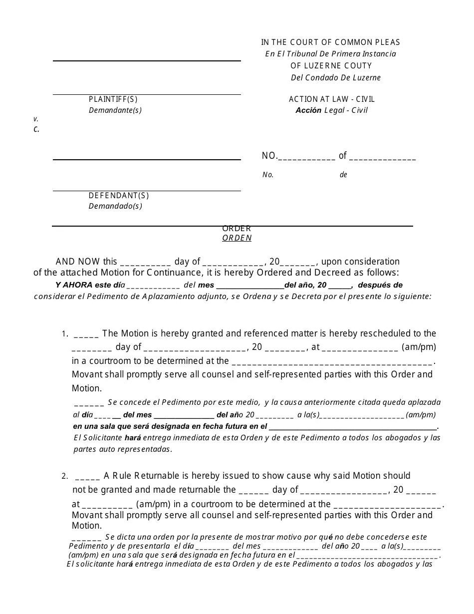 Luzerne County, Pennsylvania Motion and Order for Continuance Civil