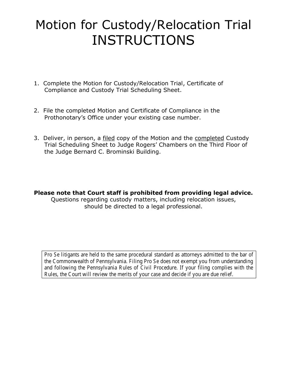 Luzerne County, Pennsylvania Motion for Custody/Relocation Trial Fill