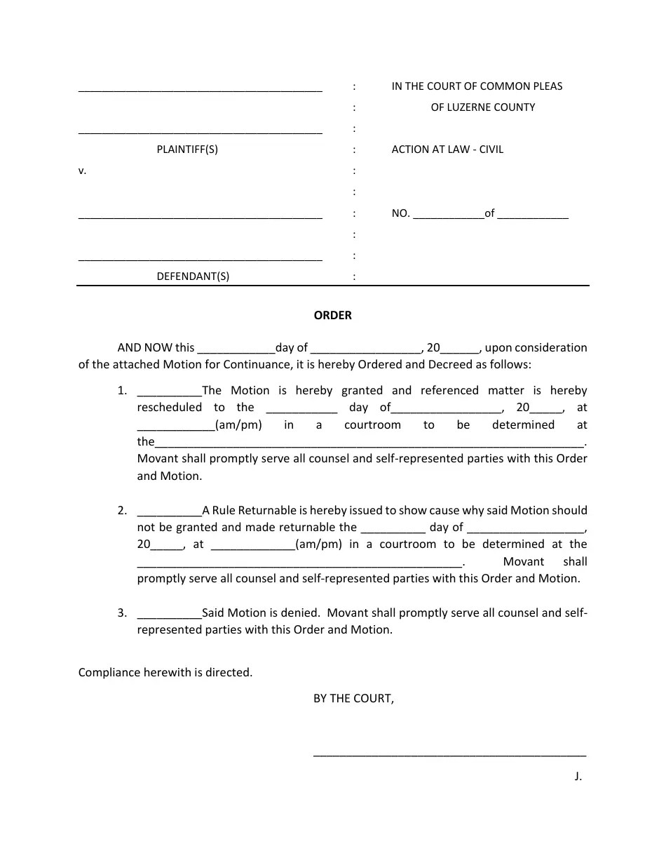 Luzerne County, Pennsylvania Motion and Order for Continuance Civil