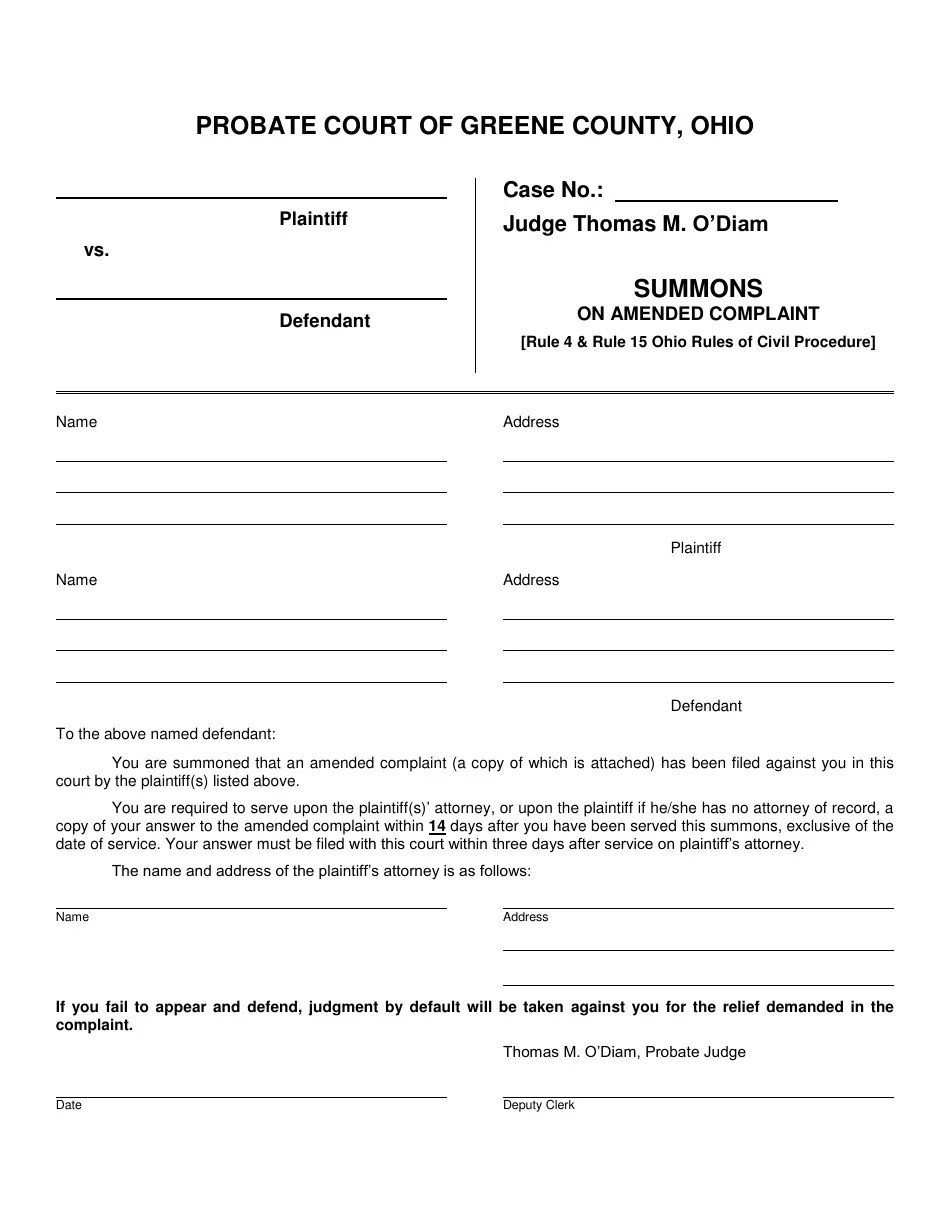 Greene County, Ohio Summons on Amended Complaint (Rule 4 & Rule 15 Ohio
