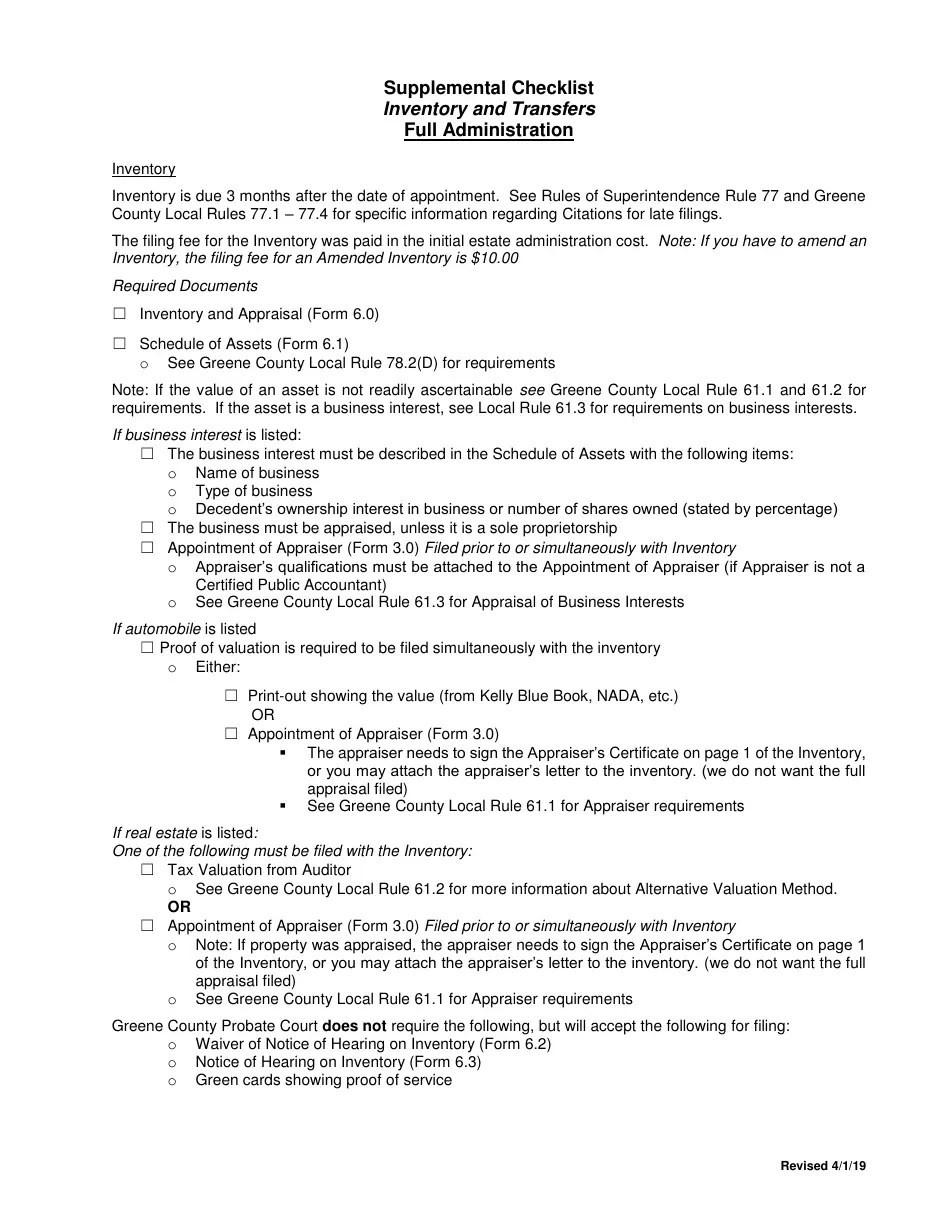 Greene County, Ohio Supplemental Checklist Inventory and Transfers