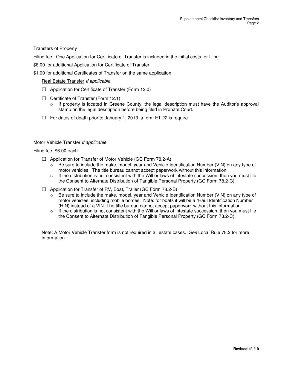 Greene County, Ohio Supplemental Checklist Inventory and Transfers