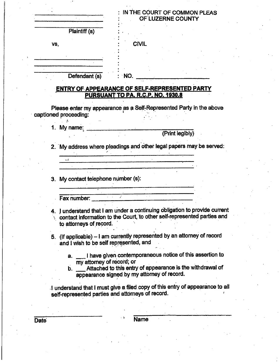Luzerne County, Pennsylvania Entry of Appearance of Selfrepresented