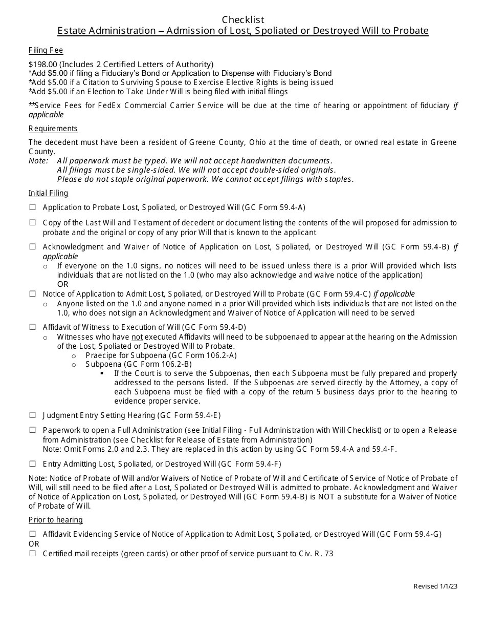 Greene County, Ohio Checklist Estate Administration Admission of