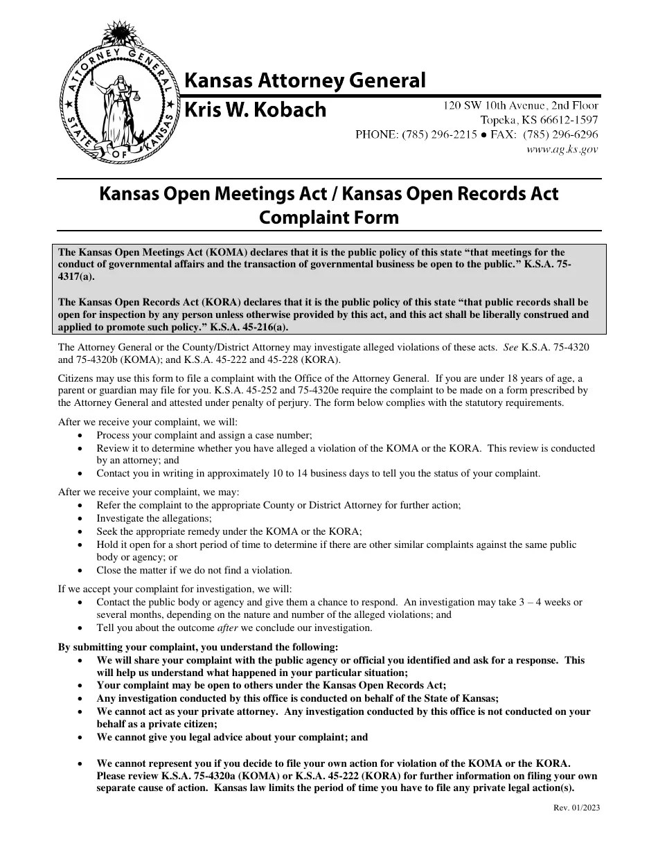 Kansas Kansas Open Meetings Act/Kansas Open Records Act Complaint Form