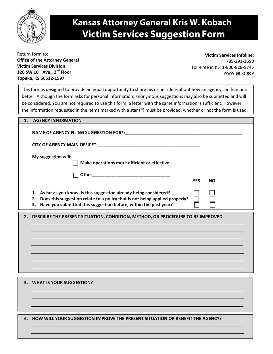 Kansas Victim Services Suggestion Form Fill Out, Sign Online and