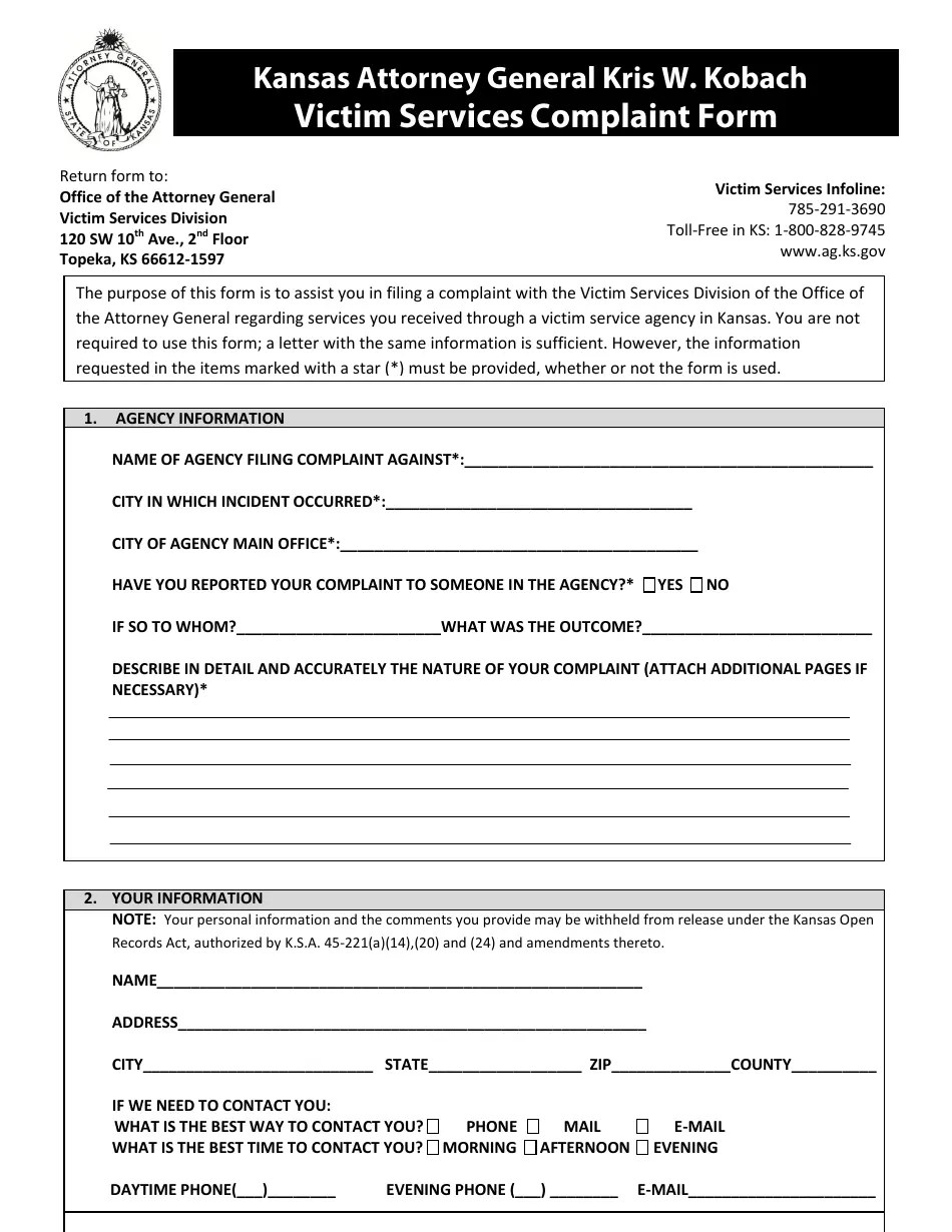Kansas Victim Services Complaint Form Fill Out, Sign Online and