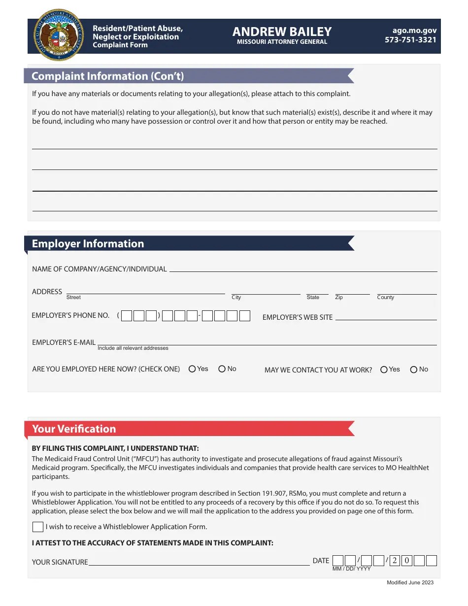 Missouri Resident/Patient Abuse, Neglect or Exploitation Complaint Form