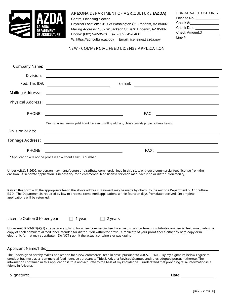 Arizona New Commercial Feed License Application Download Fillable PDF