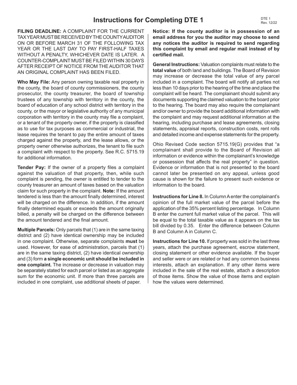 Form DTE1 Download Fillable PDF or Fill Online Complaint Against the