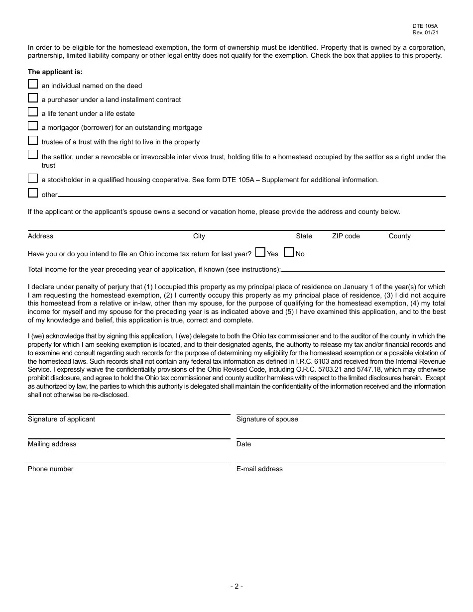 Form DTE105A Download Printable PDF or Fill Online Homestead Exemption
