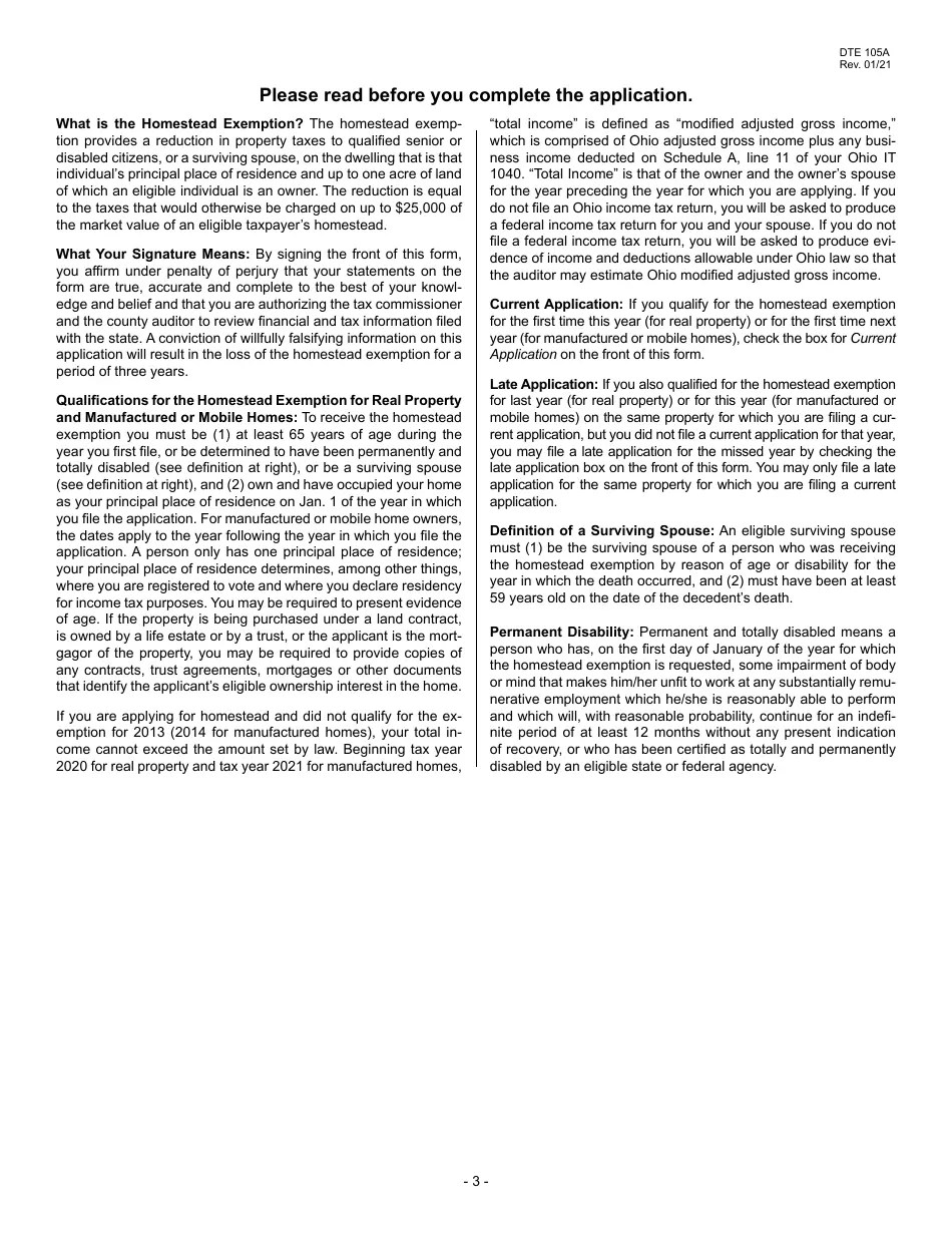 Form DTE105A Download Printable PDF or Fill Online Homestead Exemption