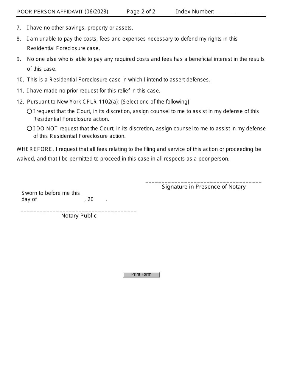 New York Affidavit to Proceed as Poor Person Pursuant to Cplr 3408(B