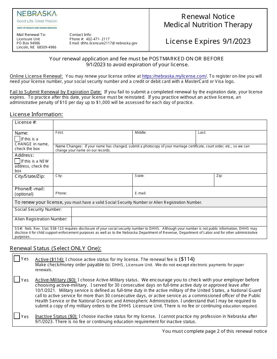 Nebraska Renewal Notice Medical Nutrition Therapy Fill Out, Sign