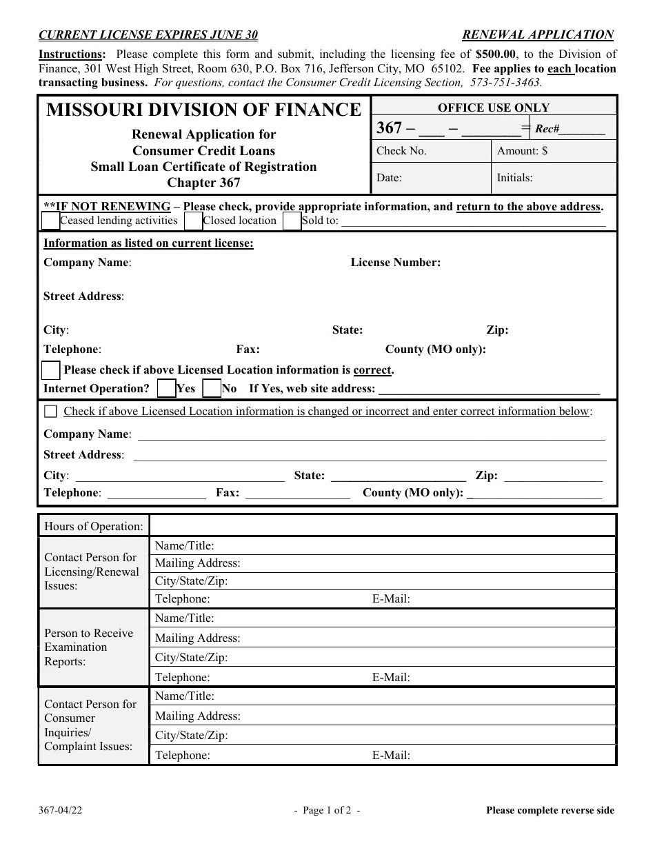 Missouri Renewal Application for Consumer Credit Loans Small Loan