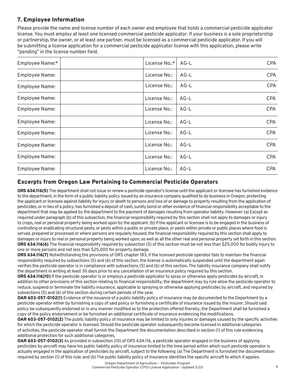 Oregon Commercial Pesticide Operator (Cpo) License Application Fill