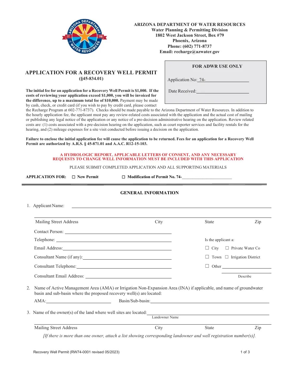 Arizona Application for a Recovery Well Permit Fill Out, Sign Online