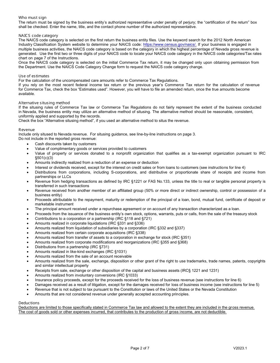 Download Instructions for Form EXCF025 Nevada Commerce Tax Return PDF