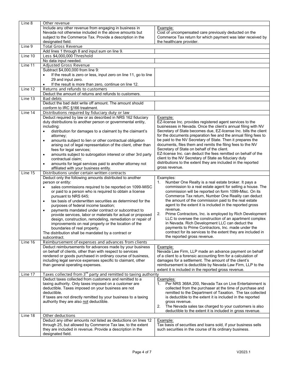 Download Instructions for Form EXCF025 Nevada Commerce Tax Return PDF