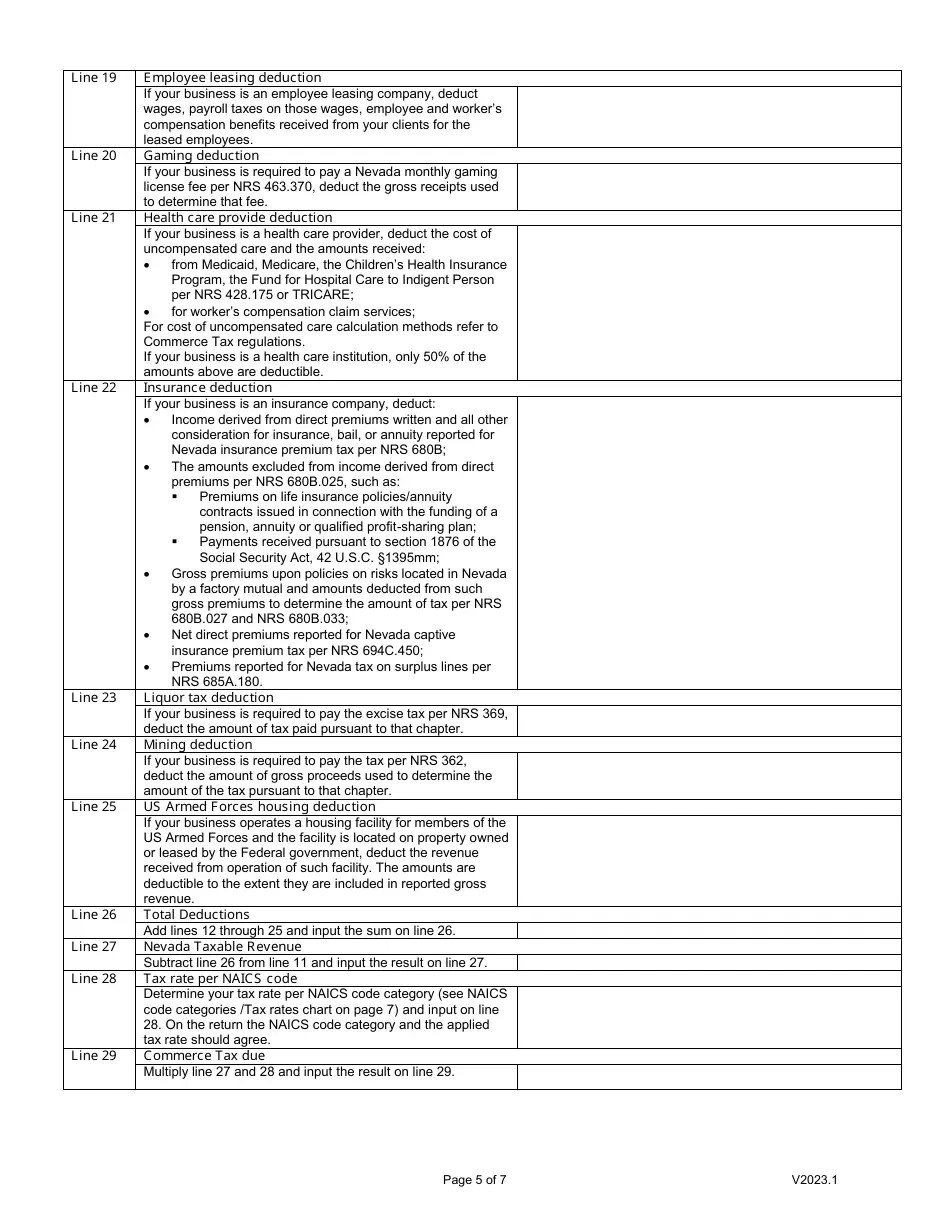 Download Instructions for Form EXCF025 Nevada Commerce Tax Return PDF