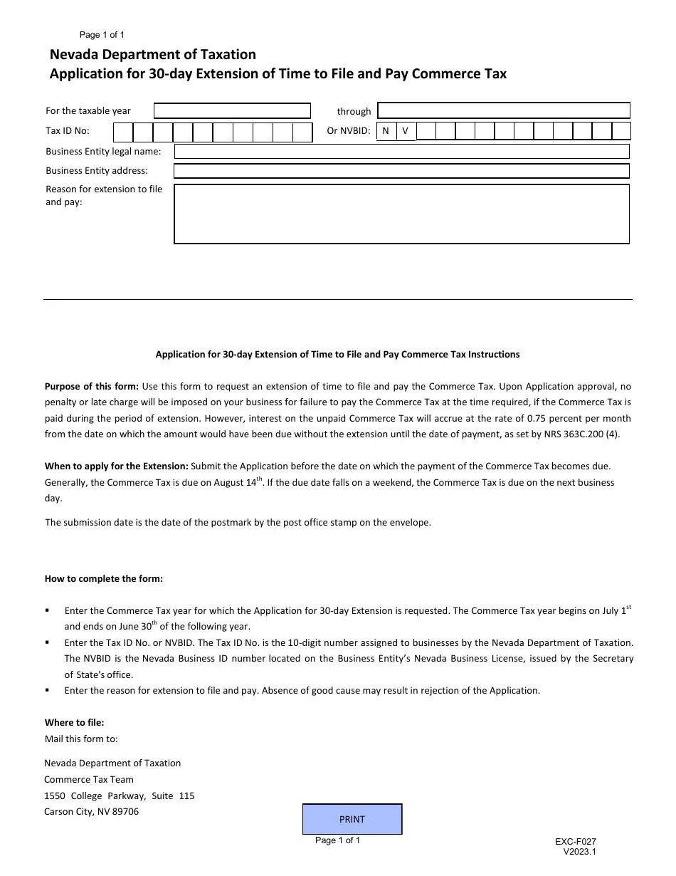 Form EXCF027 Fill Out, Sign Online and Download Fillable PDF, Nevada