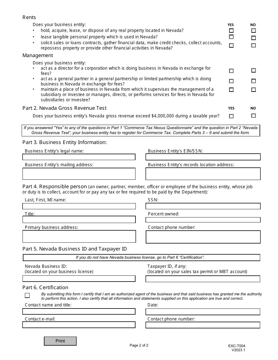 Form EXCT004 Fill Out, Sign Online and Download Fillable PDF, Nevada