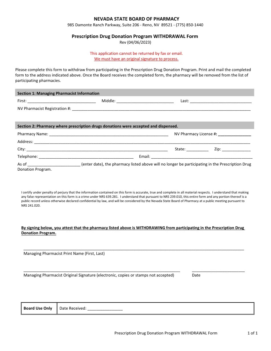 Nevada Prescription Drug Donation Program Withdrawal Form Fill Out