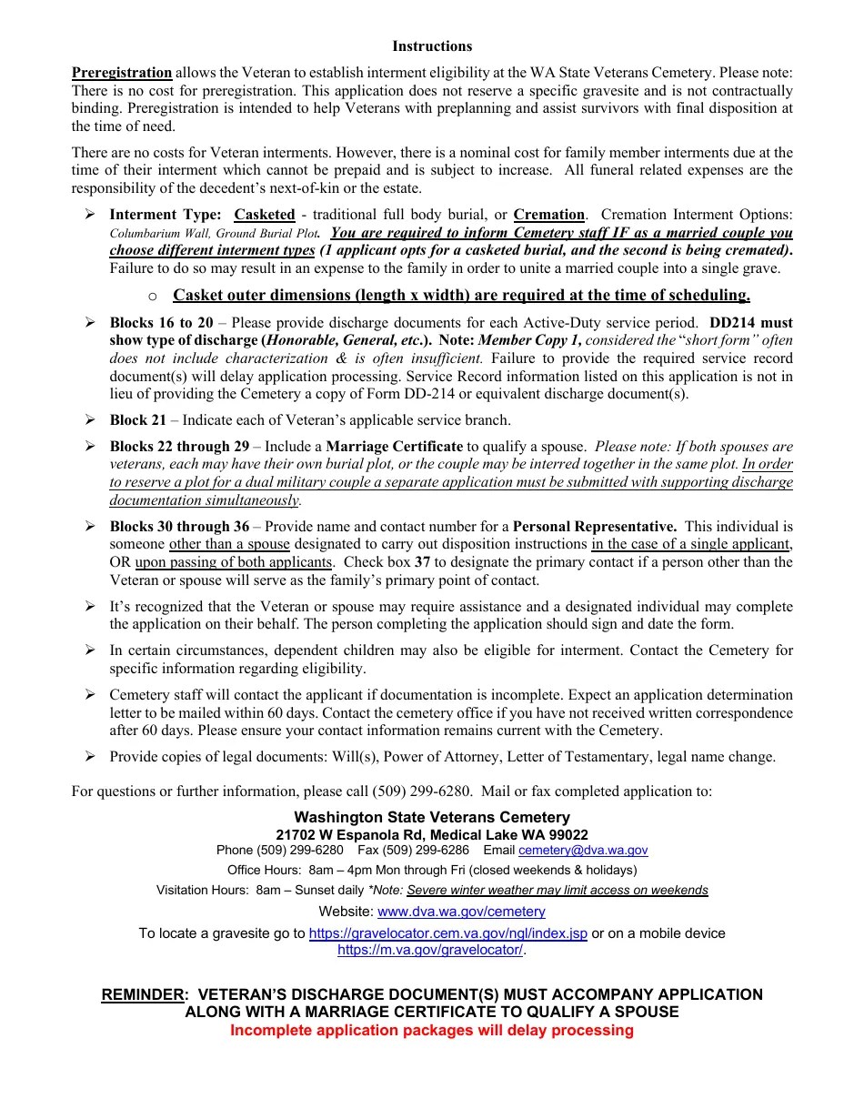 Washington Washington State Veterans Cemetery Eligibility Application