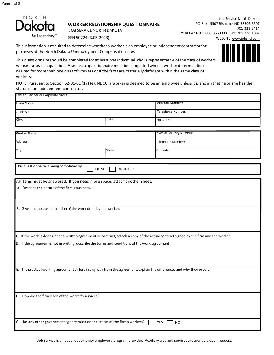 Form SFN50724 Download Fillable PDF or Fill Online Worker Relationship