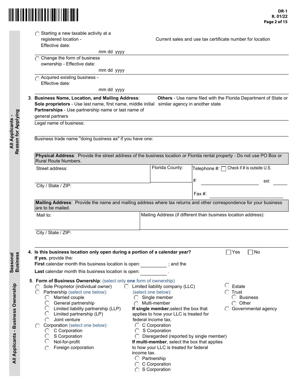 Form DR1 Download Printable PDF or Fill Online Florida Business Tax
