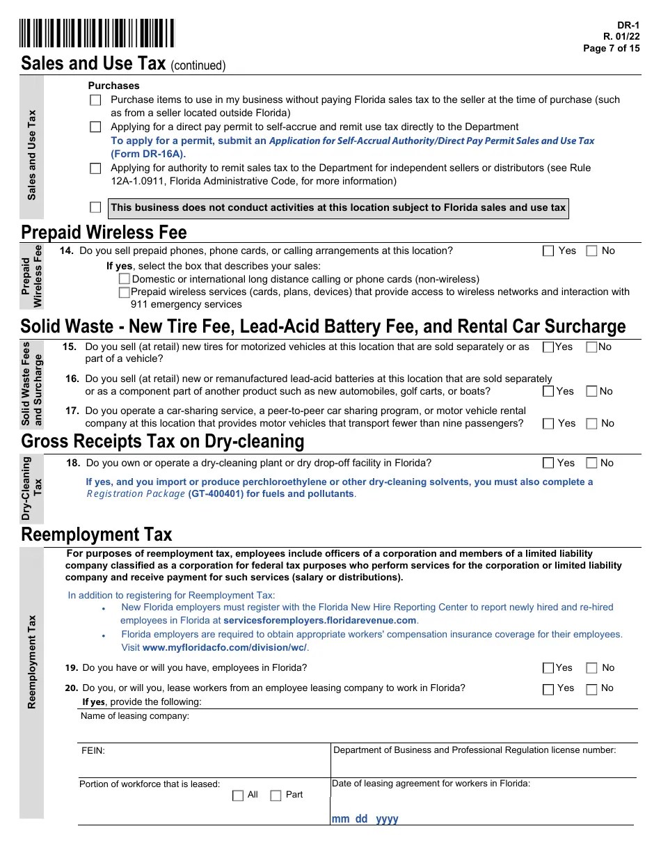Form DR1 Download Printable PDF or Fill Online Florida Business Tax