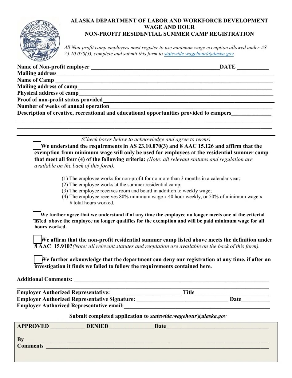 Alaska Nonprofit Residential Summer Camp Registration Form Fill Out