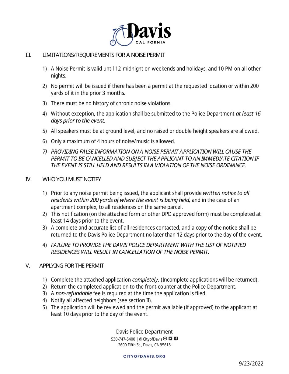 City of Davis, California Sound (Noise) Permit Application Fill Out