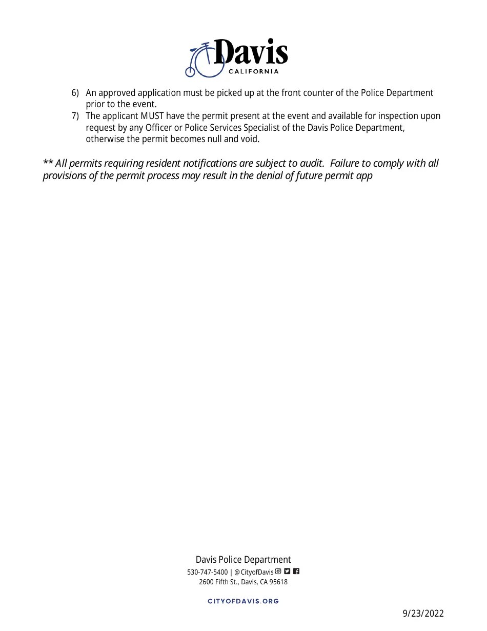 City of Davis, California Sound (Noise) Permit Application Fill Out