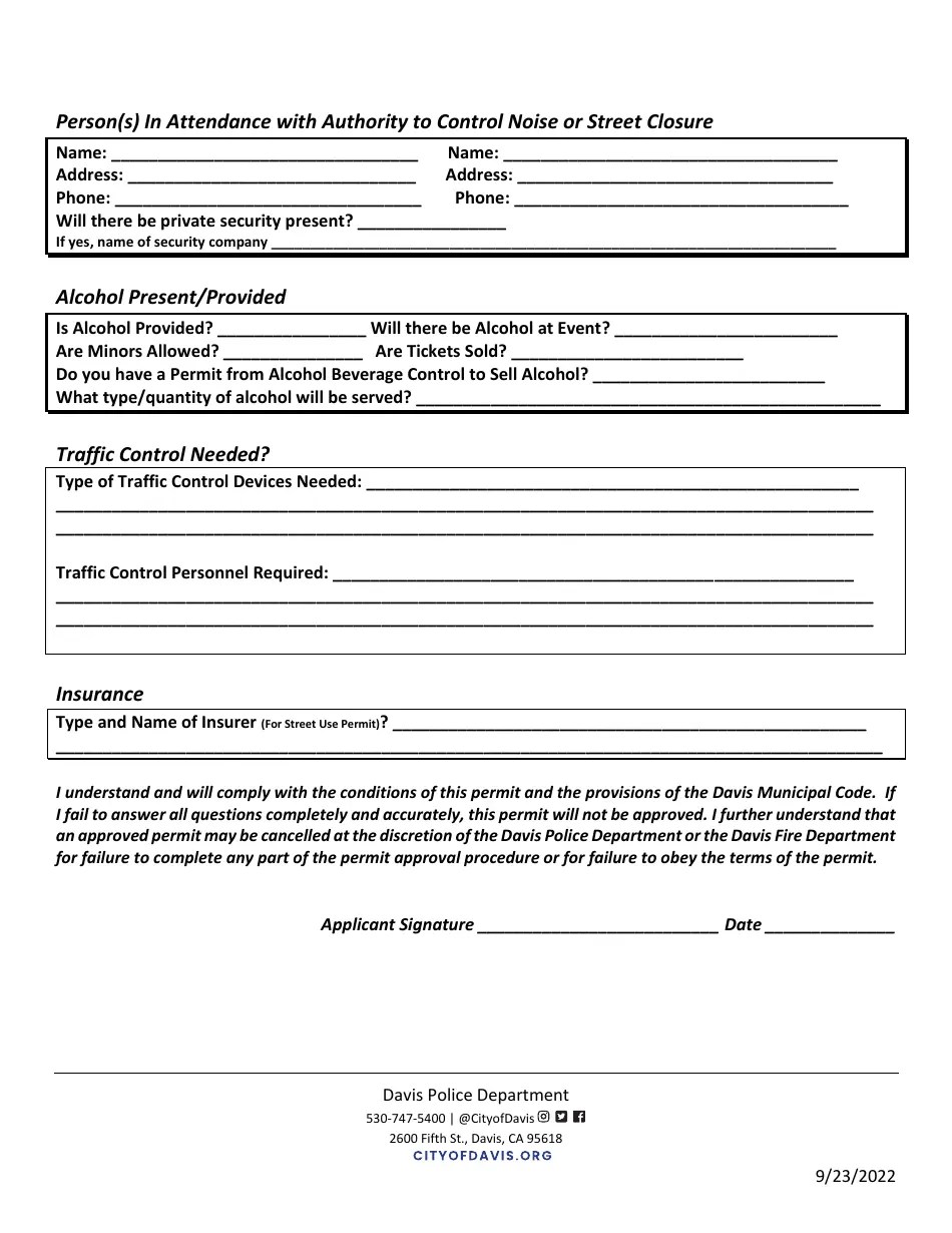 City of Davis, California Sound (Noise) Permit Application Fill Out