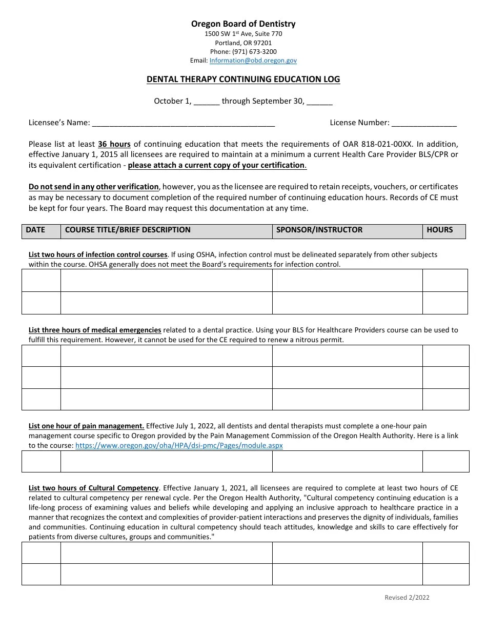 Oregon Dental Therapy Continuing Education Log Fill Out, Sign Online