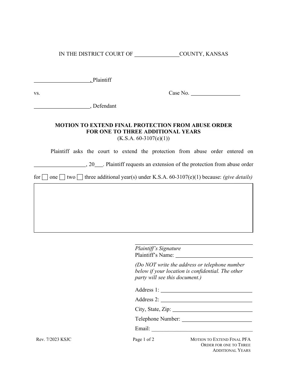 Kansas Motion to Extend Final Protection From Abuse Order for One to