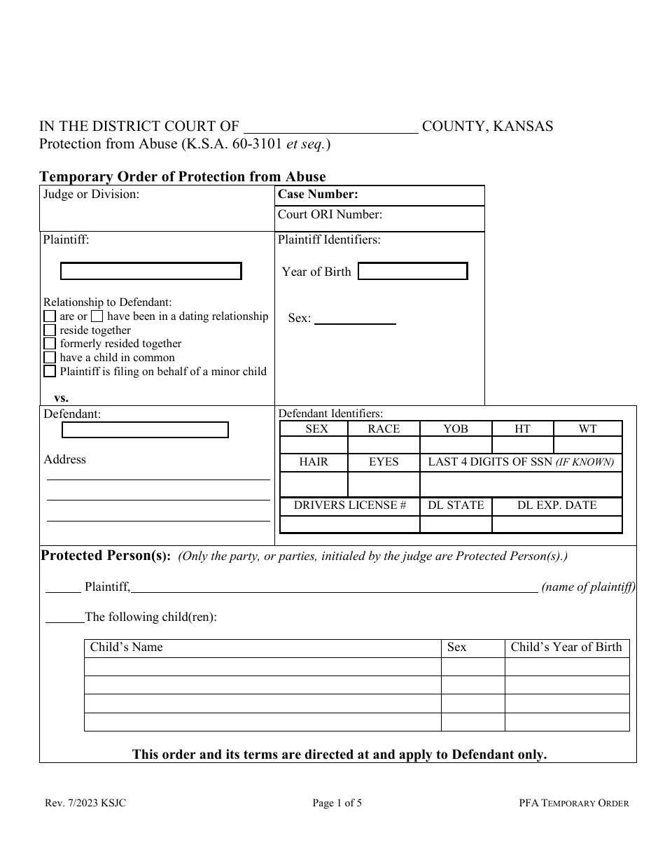 Kansas Temporary Order of Protection From Abuse Download Fillable PDF