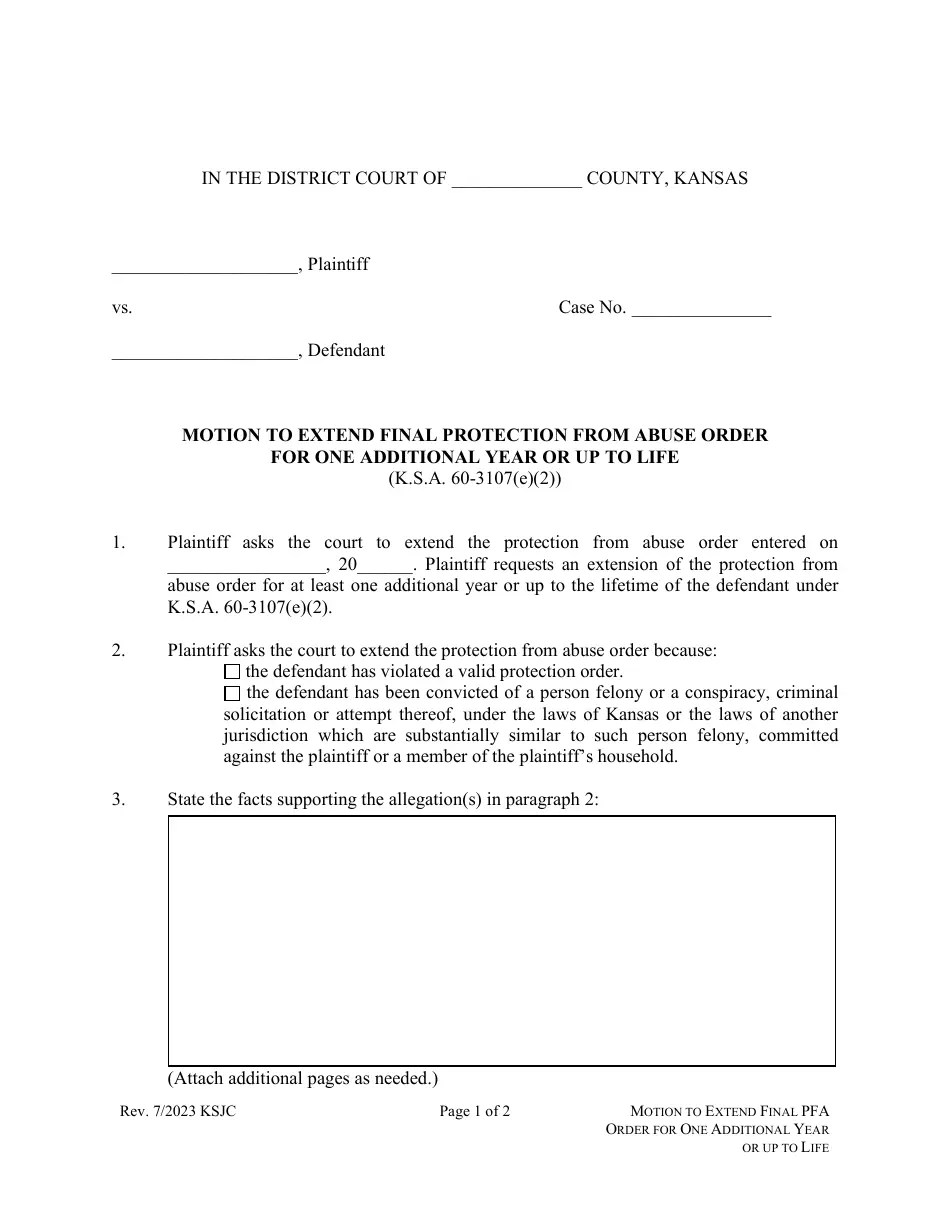 Kansas Motion to Extend Final Protection From Abuse Order for One