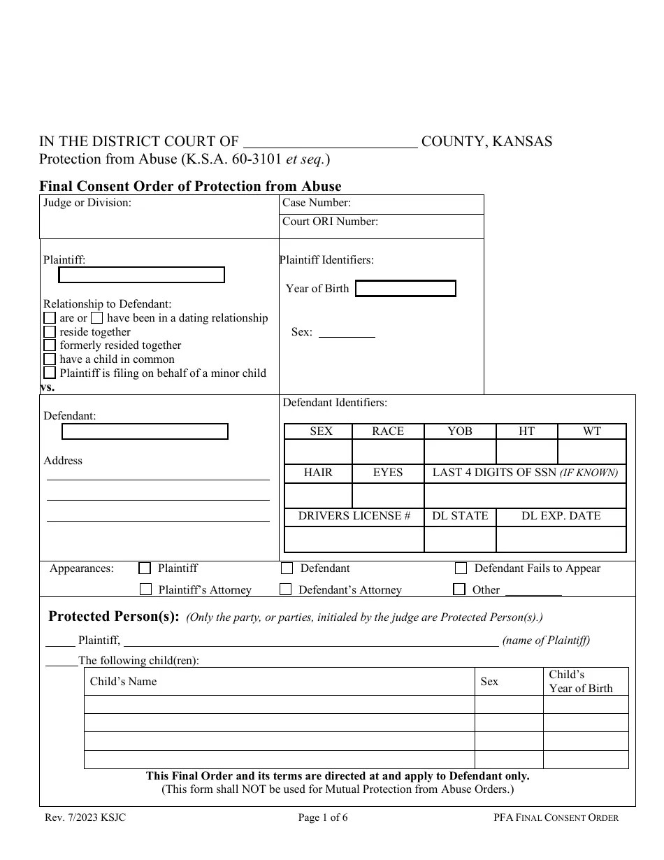 Kansas Final Consent Order of Protection From Abuse Download Fillable