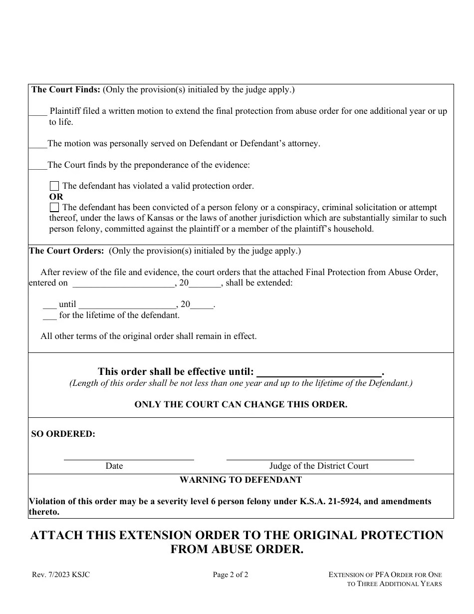 Kansas Extension of Protection From Abuse Order for One Additional Year