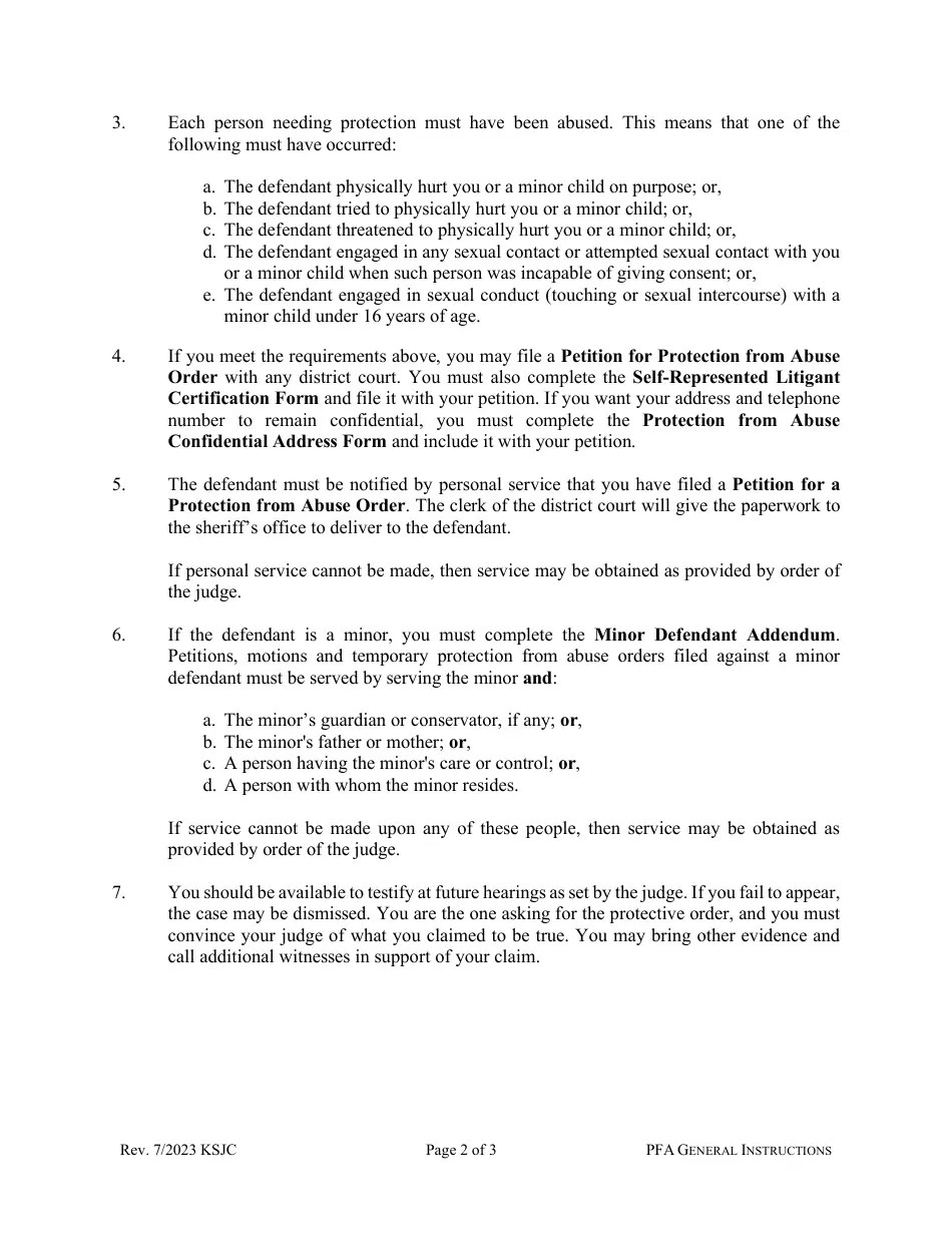 Kansas General Instructions for Seeking a Protection From Abuse Order