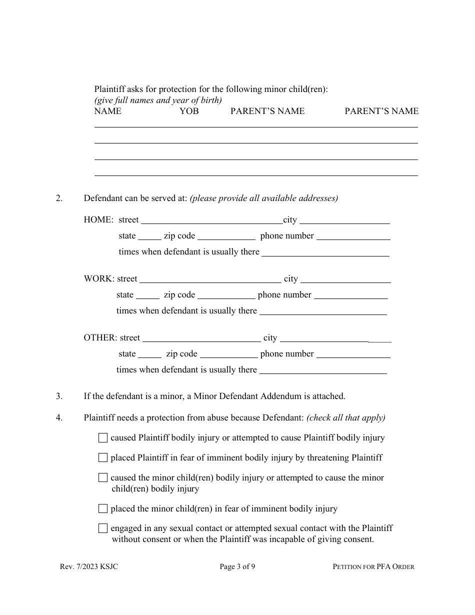 Kansas Petition for Protection From Abuse Order Download Fillable PDF
