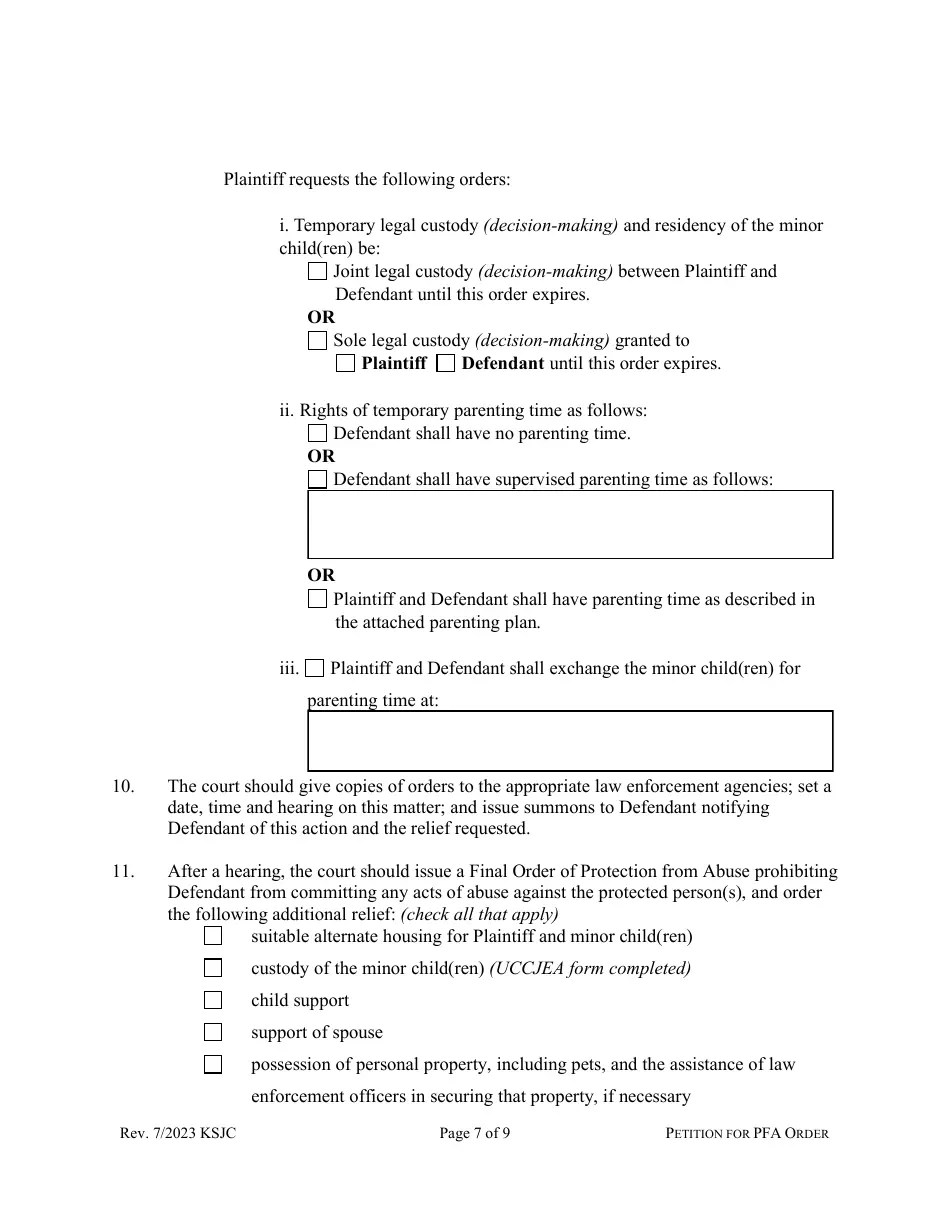Kansas Petition for Protection From Abuse Order Download Fillable PDF