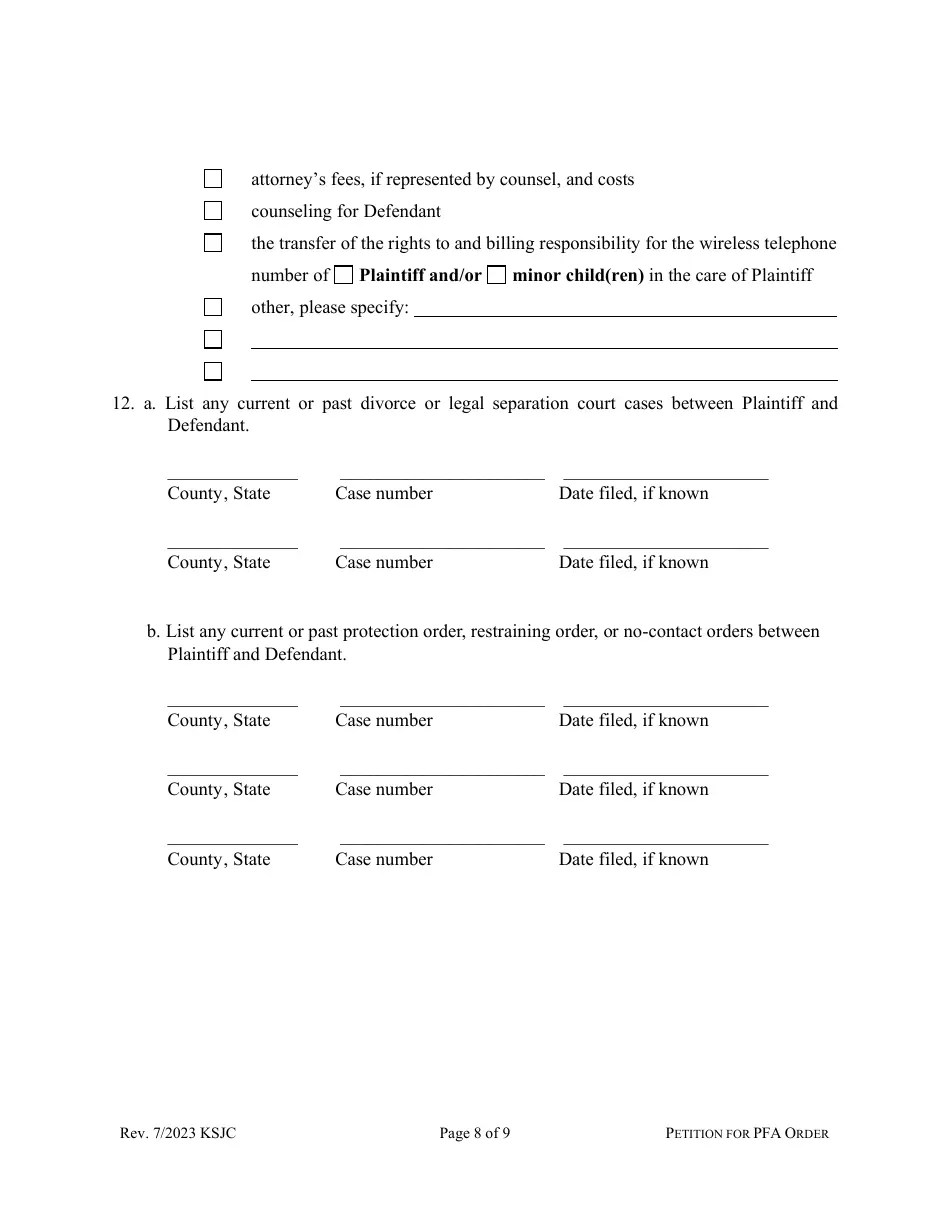 Kansas Petition for Protection From Abuse Order Download Fillable PDF