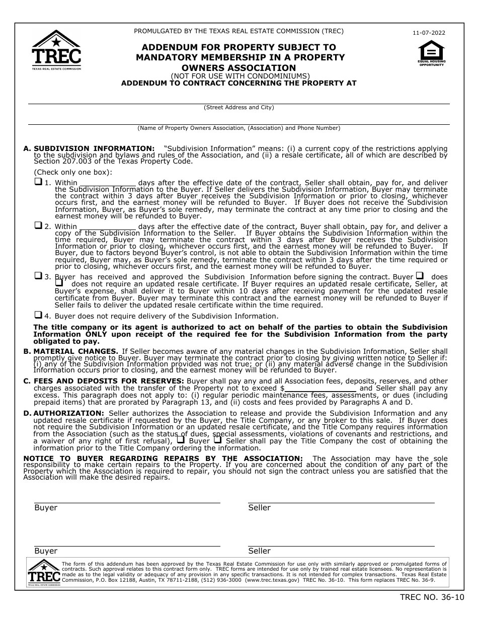 TREC Form 3610 Fill Out, Sign Online and Download Fillable PDF