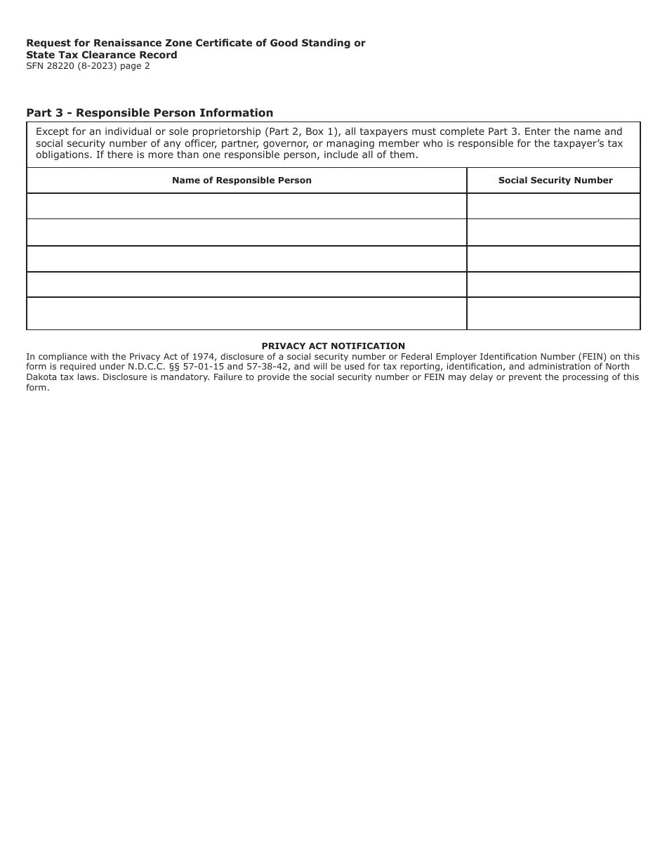 Form SFN28220 Download Fillable PDF or Fill Online Request for Renaissance Zone Certificate of